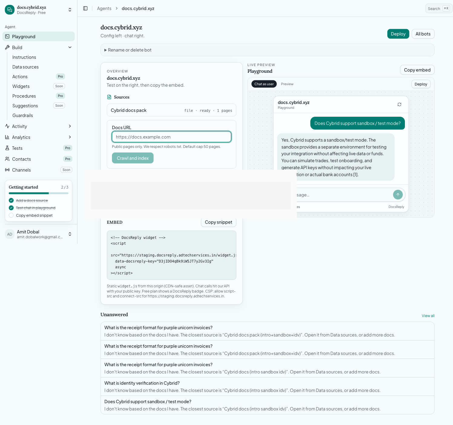 DocsReply playground with cited chat screenshot